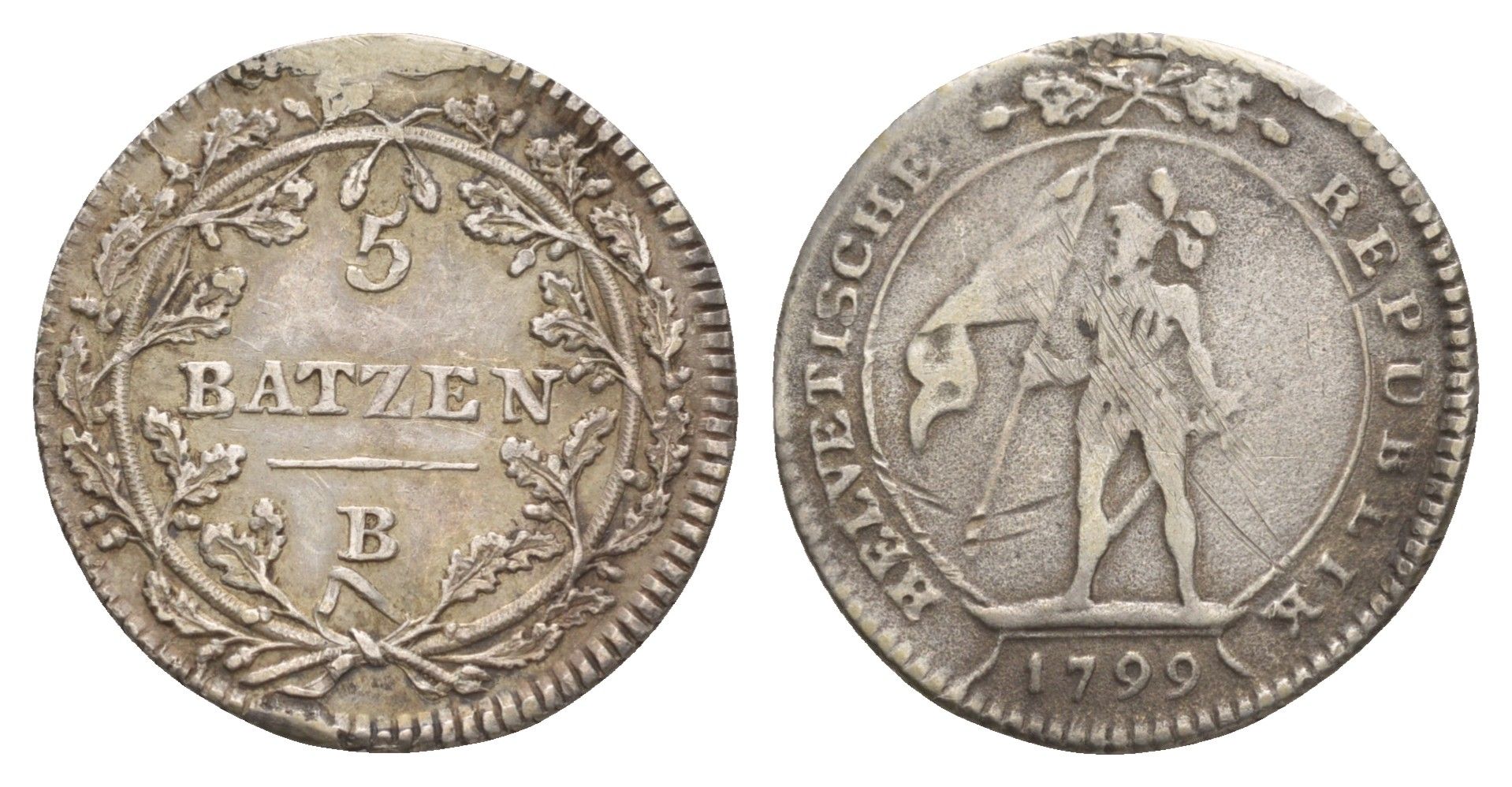 Швейцария, Гельветическая республика 5 батценов 1799 B KM A9 серебро 633-1131