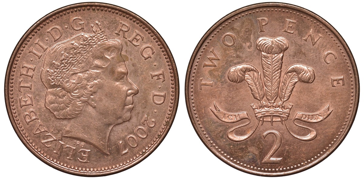 Великобритания 2 пенса 2007 Елизавета II (1952-2022) KM 987, Spink 4690 (C5) сталь плакированная медью 4122-847