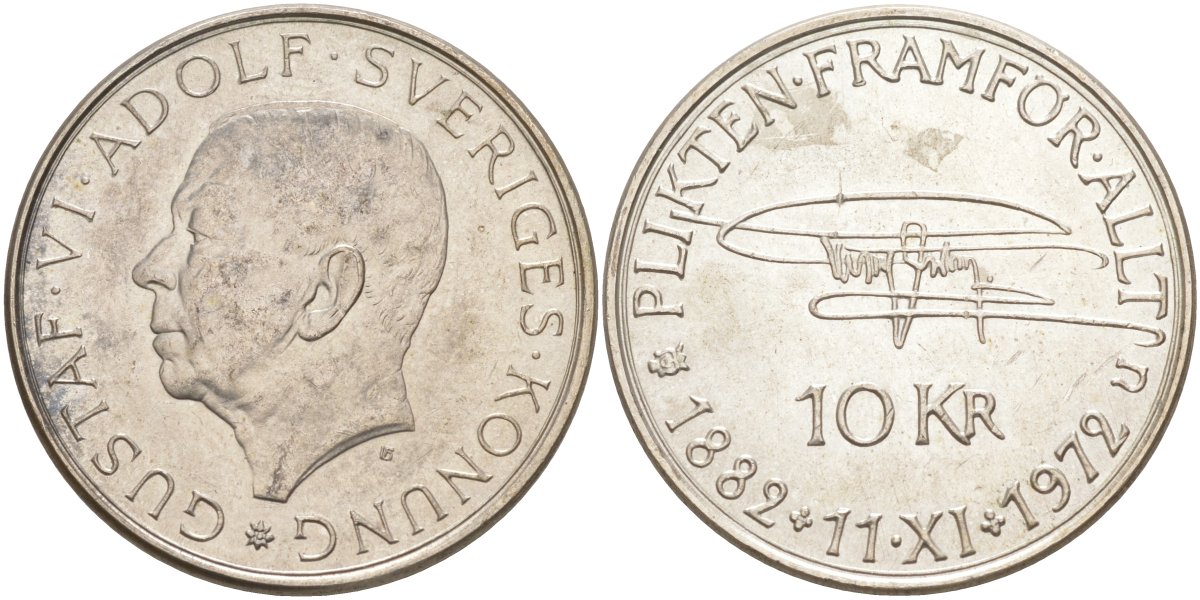 Швеция 10 крон 1972 U, 90 лет со дня рождения Густава VI Адольфа KM 847 серебро 4536-246