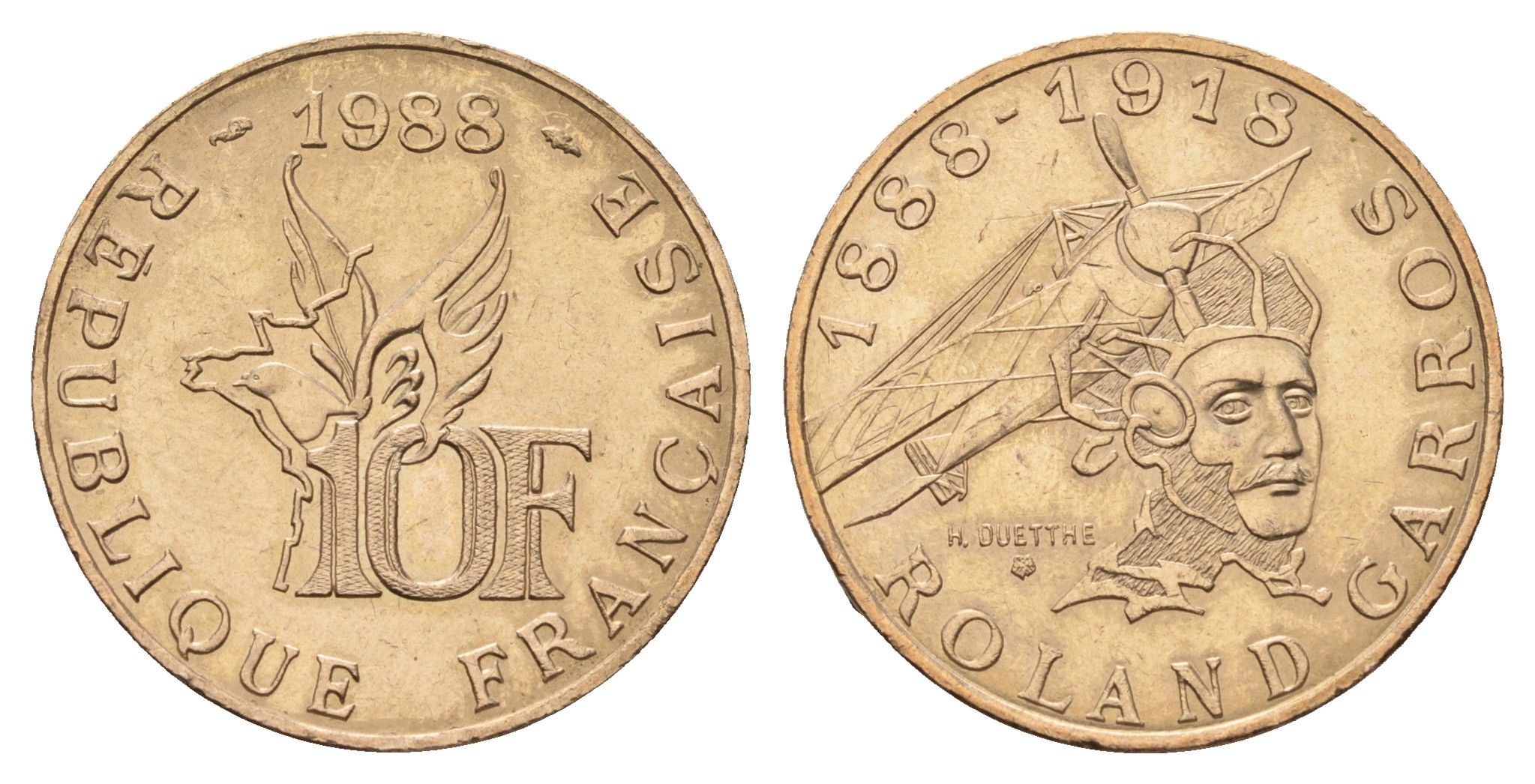 Франция 10 франков 1988 100 лет со дня рождения Ролан Гарроса (1888-1918) KM 965, Le Franc 372.3 никель латунь aUNC 4676-1143