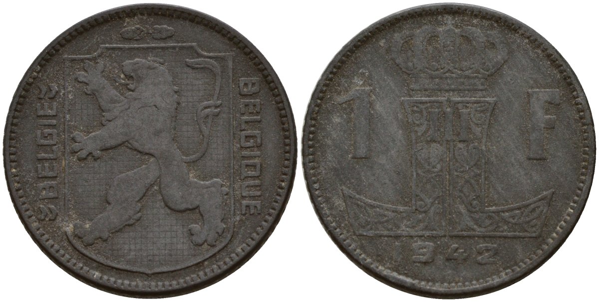 Бельгия 1 франк 1942 Belgique - Belgie, Леопольд III (1934-1947), германская оккупация, Вторая мировая война KM 127 цинк 4161-446