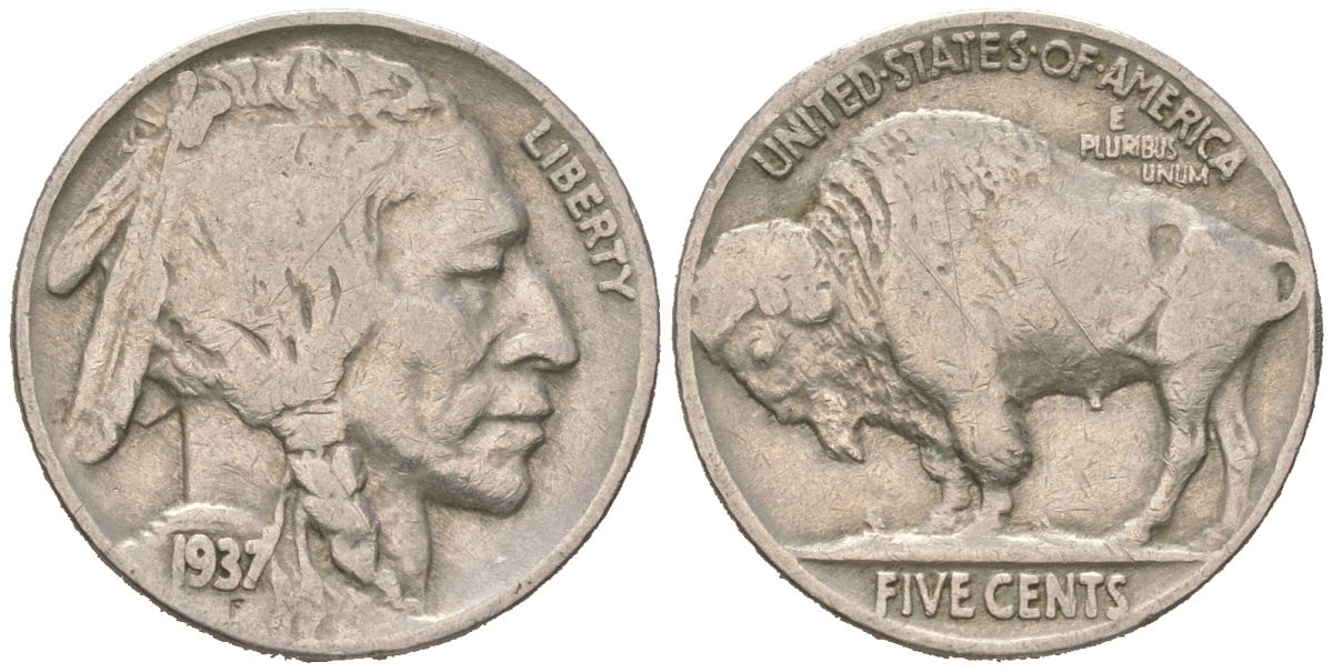 США 5 центов 1937 индеец, бизон KM 134 медно-никель 4614-1266