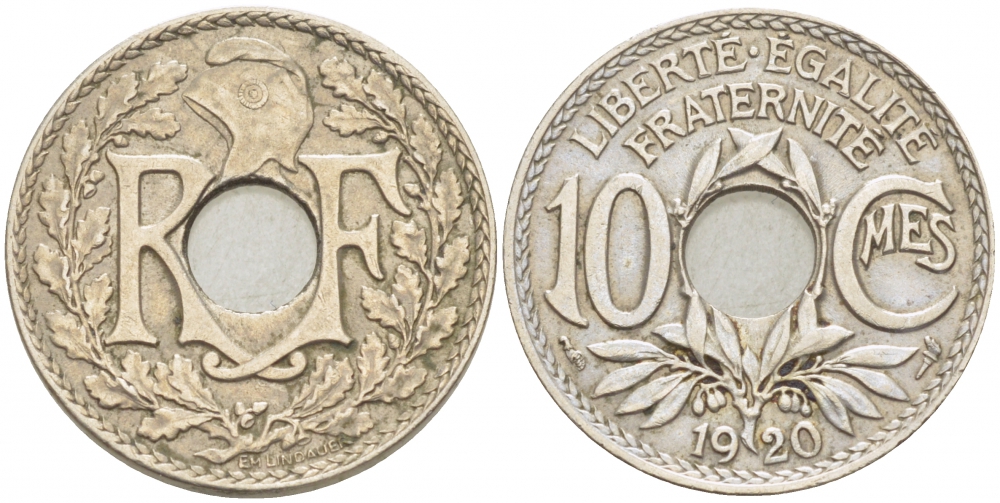 ФРАНЦИЯ 10 САНТИМОВ 1920 ТИП ЛИНДАЙЁ KM 866а медно-никель 4402-737