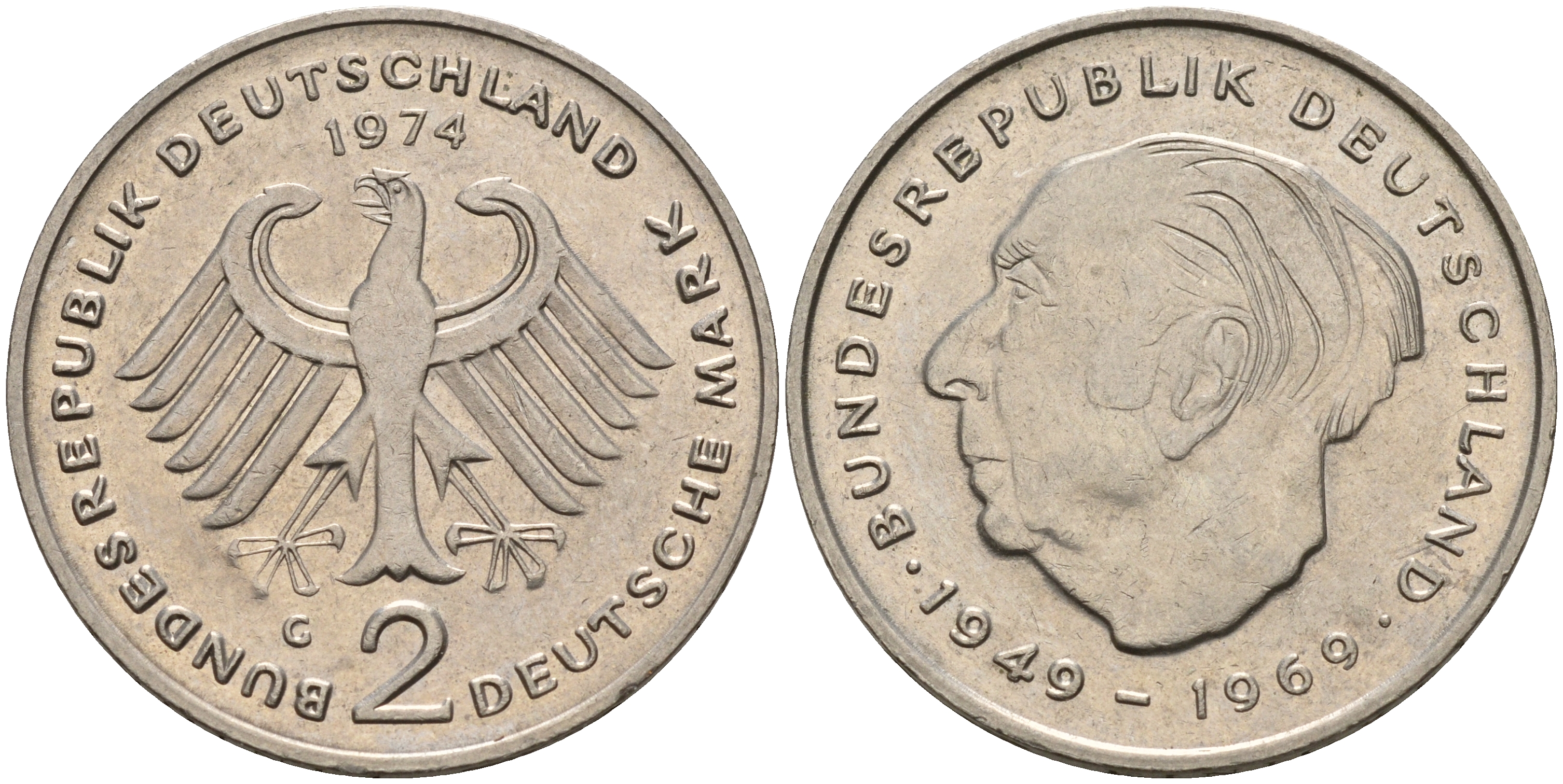 ФРГ 2 марки 1974 G, Теодор Хойс KM 127,  J. 407 медно-никель    4149-534