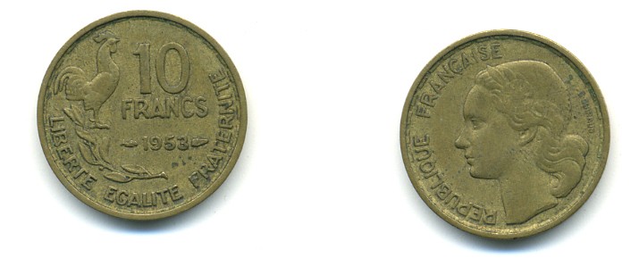 Франция 10 франков 1953 петух KM 915.1, Le Franc 363.8 алюминиевая бронза 4364-123
