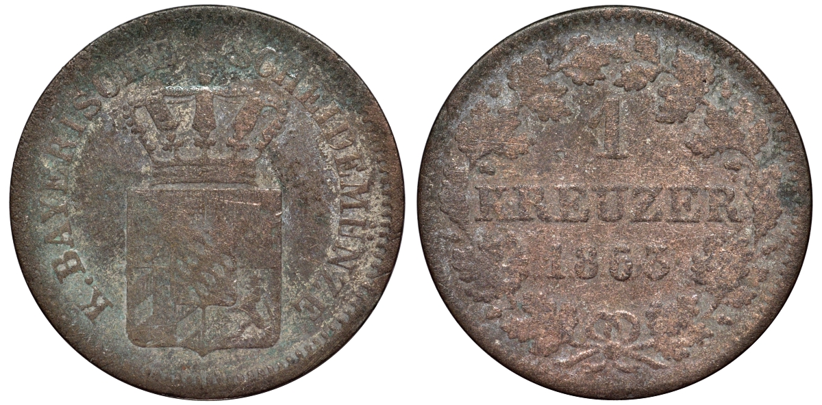 Бавария 1 крейцер 1863 Максимилиан II (1848-1864) KM 473 серебро 75-1666