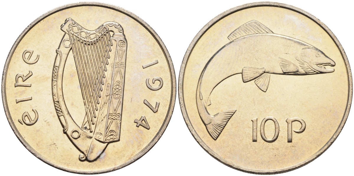Ирландия 10 пенсов 1974 лосось KM 23 медно-никель BUNC 4583-341