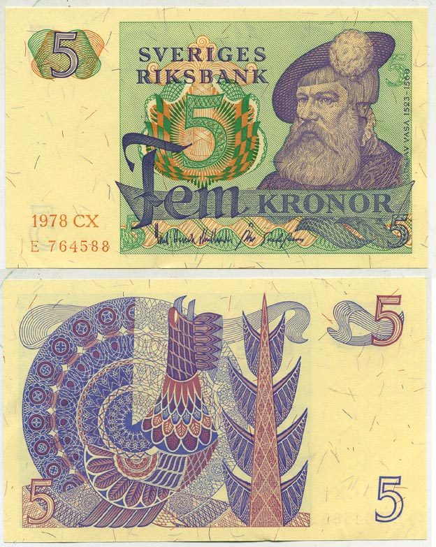 Швеция 5 крон 1978 CX, Густав I Ваза Pick 51d бумага aUNC 444-121-3-1
