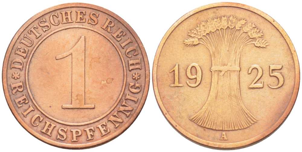 ГЕРМАНИЯ 1 РЕЙХСПФЕННИГ 1925 А KM 37, J. 313 бронза 206-1114