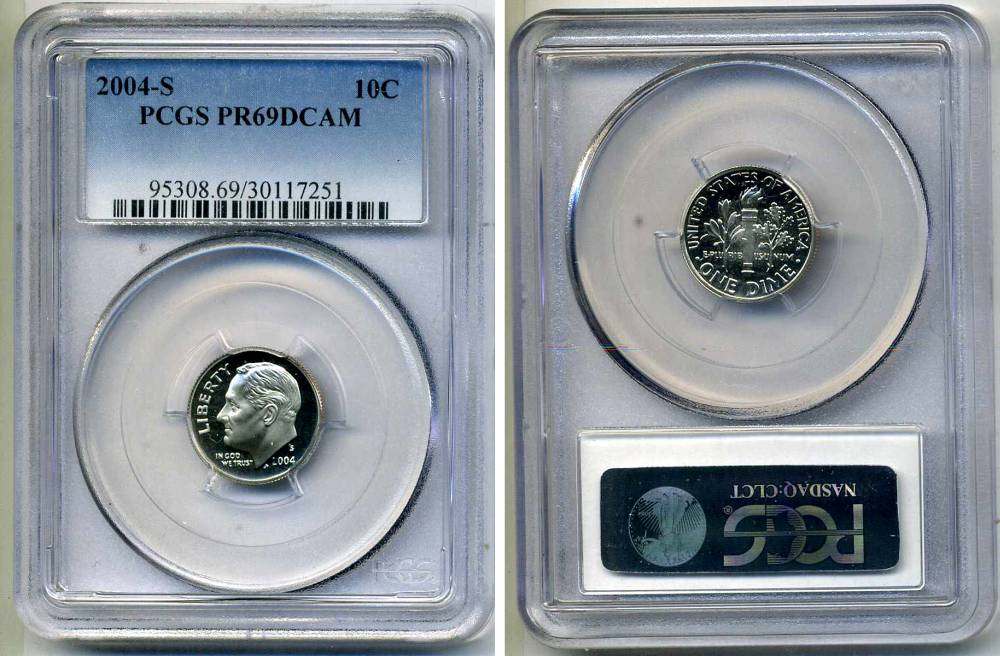 США 10 центов (дайм) 2004 S, президент Рузвельт, в слабе PCGS PR69CAM KM 195а медь плакированная медно-никелем PROOF 15-002-12