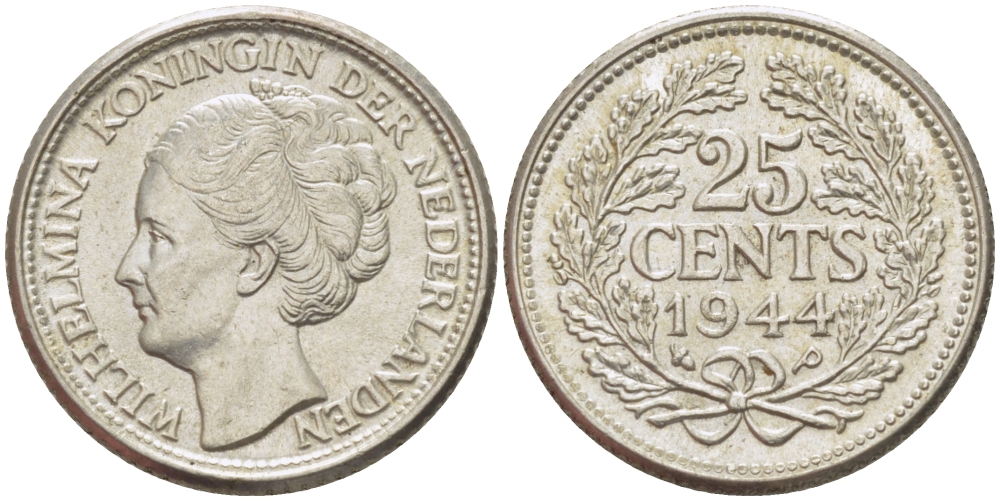 Нидерланды 25 центов 1944 Вильгельмина (1890-1948) KM 164 серебро aUNC 66-1162
