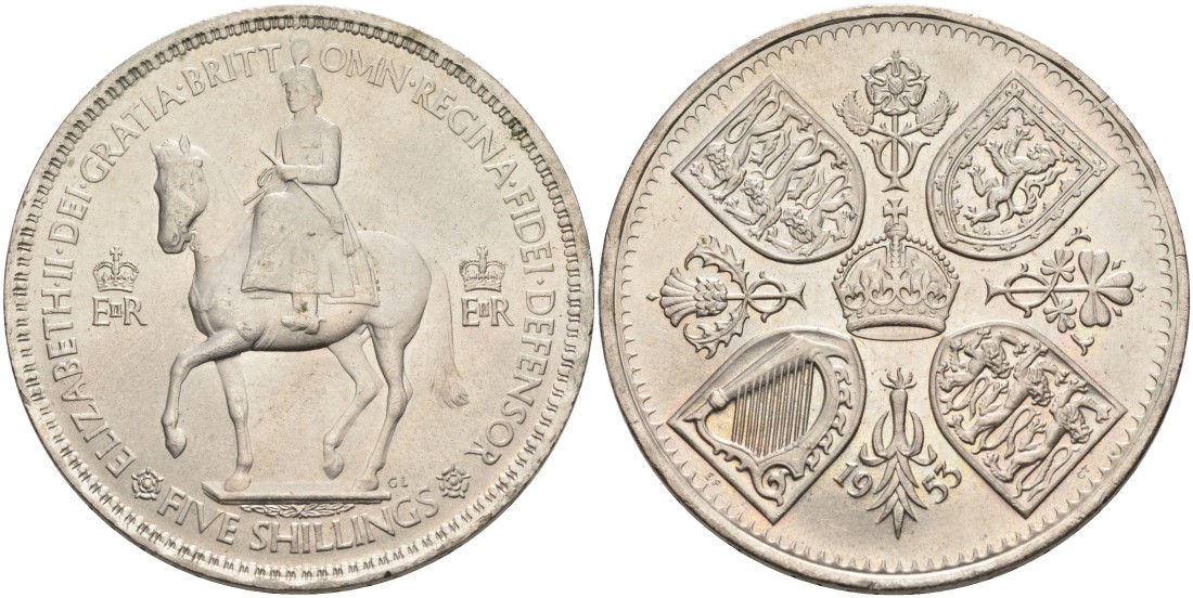 Великобритания 1 крона (5 шиллингов) 1953 коронация королевы Елизаветы, Елизавета II (1952-2022) Елизаветы KM 894, Spink 4136 медно-никель UNC 4558-433
