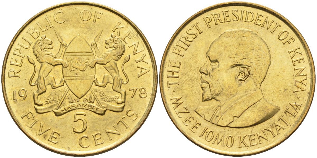 Кения 5 центов 1978 Джомо Кениата KM 10 никель латунь aUNC 4126-952