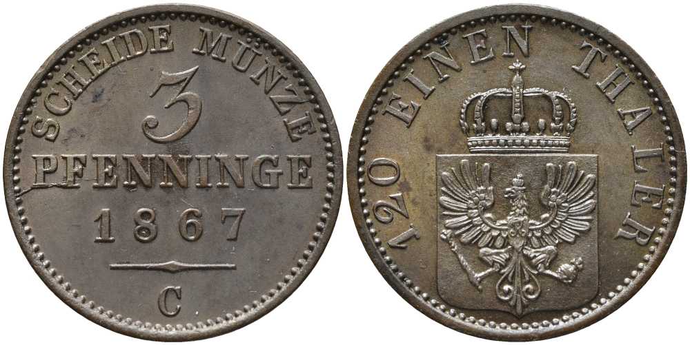ПРУССИЯ 3 ПФЕННИГА 1867 С, ВИЛЬГЕЛЬМ I (1861-1888) KM 482 медь UNC 4448-1113
