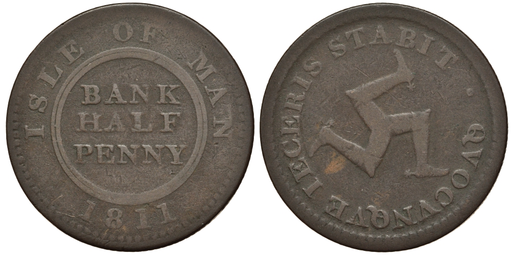 Остров Мэн 1/2 пенни 1811 банковский токен KM Tn3 медь 650-411