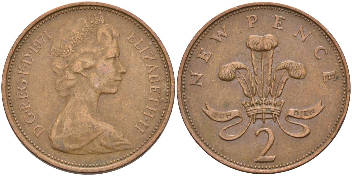 Великобритания 2 пенса 1971 Елизавета II (1952-2022) KM 916, Spink 4235 (C1) бронза 4593-826