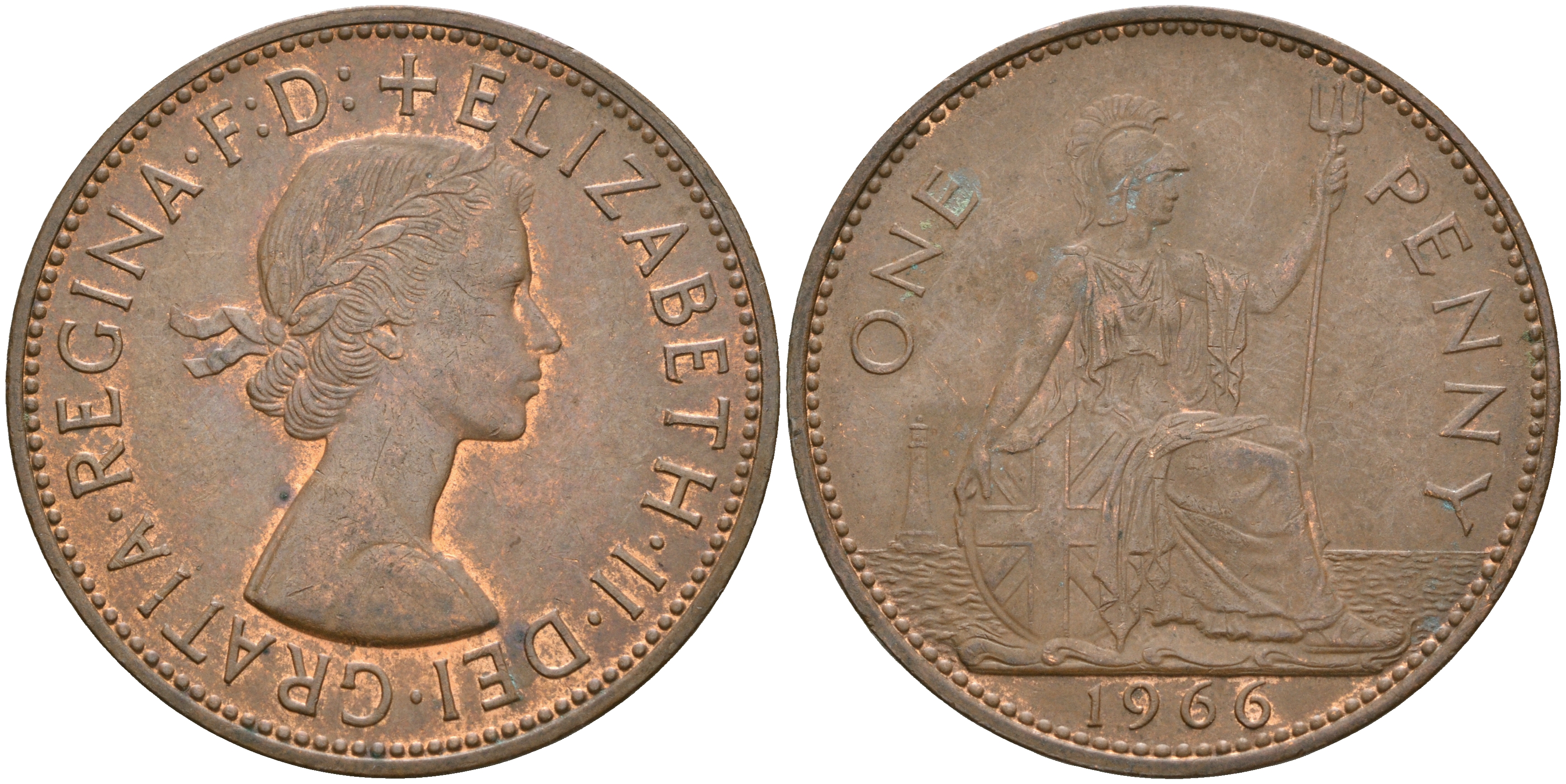 Великобритания 1 пенни 1966 Елизавета II (1952-2022) КМ 897, Spink 4157 бронза    4110-415