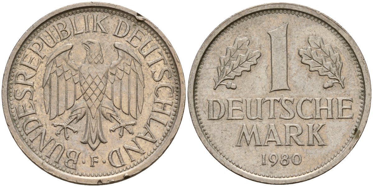 ФРГ 1 марка 1980 F KM 110, J. 385 медно-никель 4159-1147