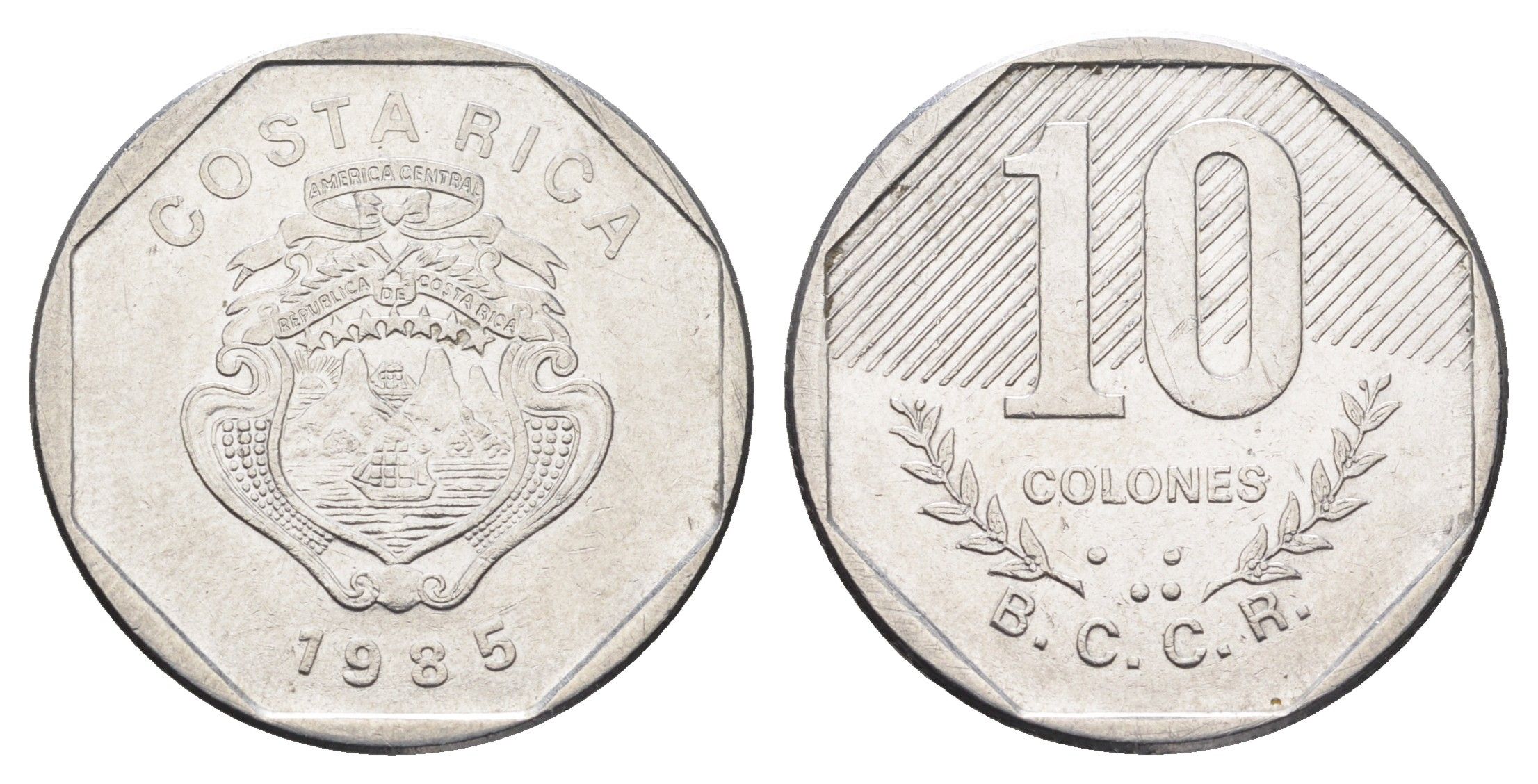 Коста-Рика 10 колонов 1985 год-тип KM 215.2 нержавеющая сталь 4663-952