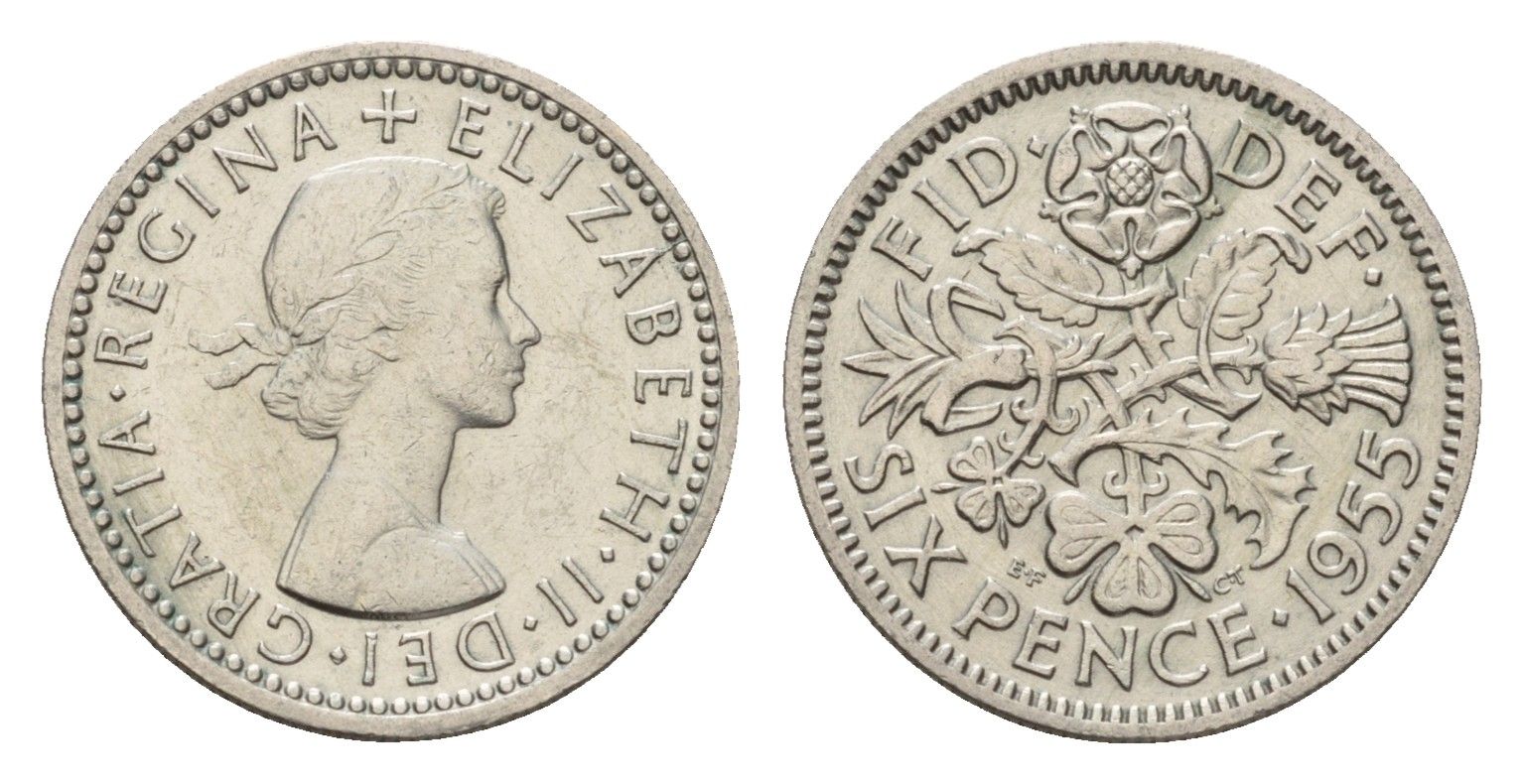 Великобритания 6 пенсов 1955 Елизавета II (1952-2022) KM 903, Spink 4149 медно-никель 4651-1153