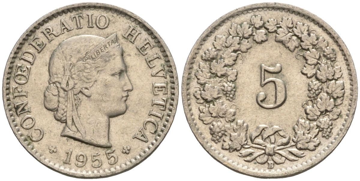 Швейцария 5 раппенов 1955 B KM 26 медно-никель 4608-445