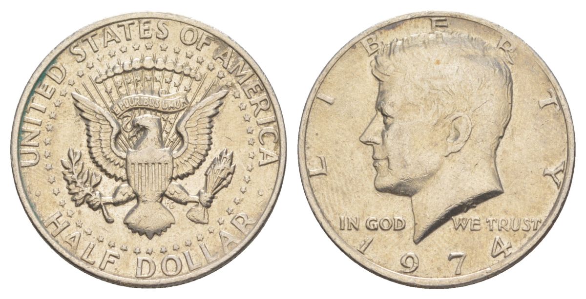 США 1/2 доллара (50 центов) 1974 Джон Кеннеди KM 202b медь плакированная медно-никелем aUNC 4536-811