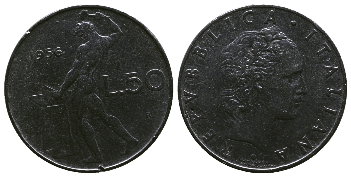 Италия 50 лир 1956 R, бог огня Вулкан у наковальни KM 95.1 нержавеющая сталь 4384-1114