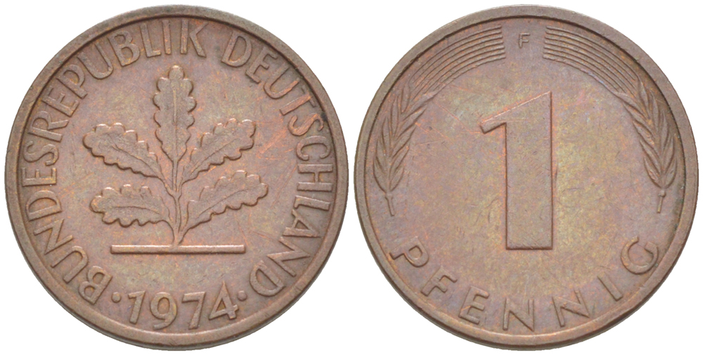 ФРГ 1 ПФЕННИГ 1974 F KM 105, J. 380 сталь плакированная медью 4181-611