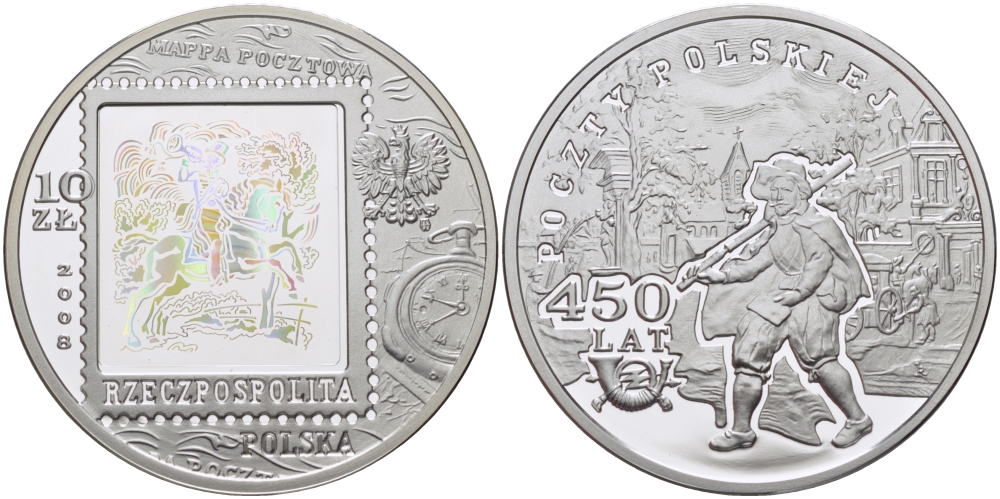 Польша 10 злотых 2008 MW, 450 лет польской марке, голограмма, первый почтальон KM 655 серебро PROOF 06-245-26