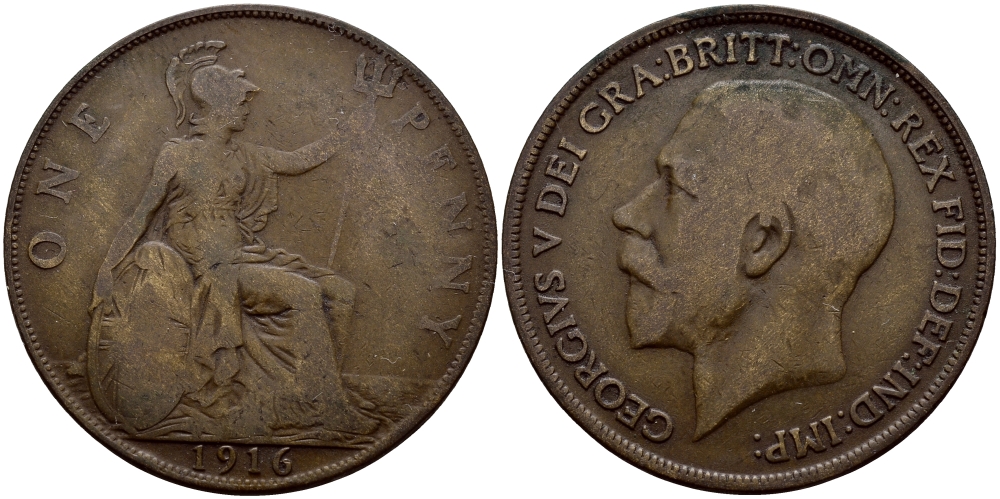 Великобритания 1 пенни 1916 Георг V (1910-1936) KM 810, Spink 4051 бронза 56-213