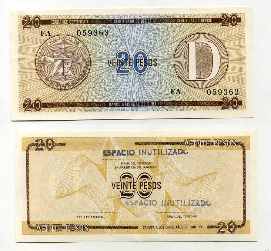 Куба, валютный сертификат 20 песо ND серия D, желтая, второй выпуск Pick FX 36 бумага UNC (пресс) 7487-57-2-2