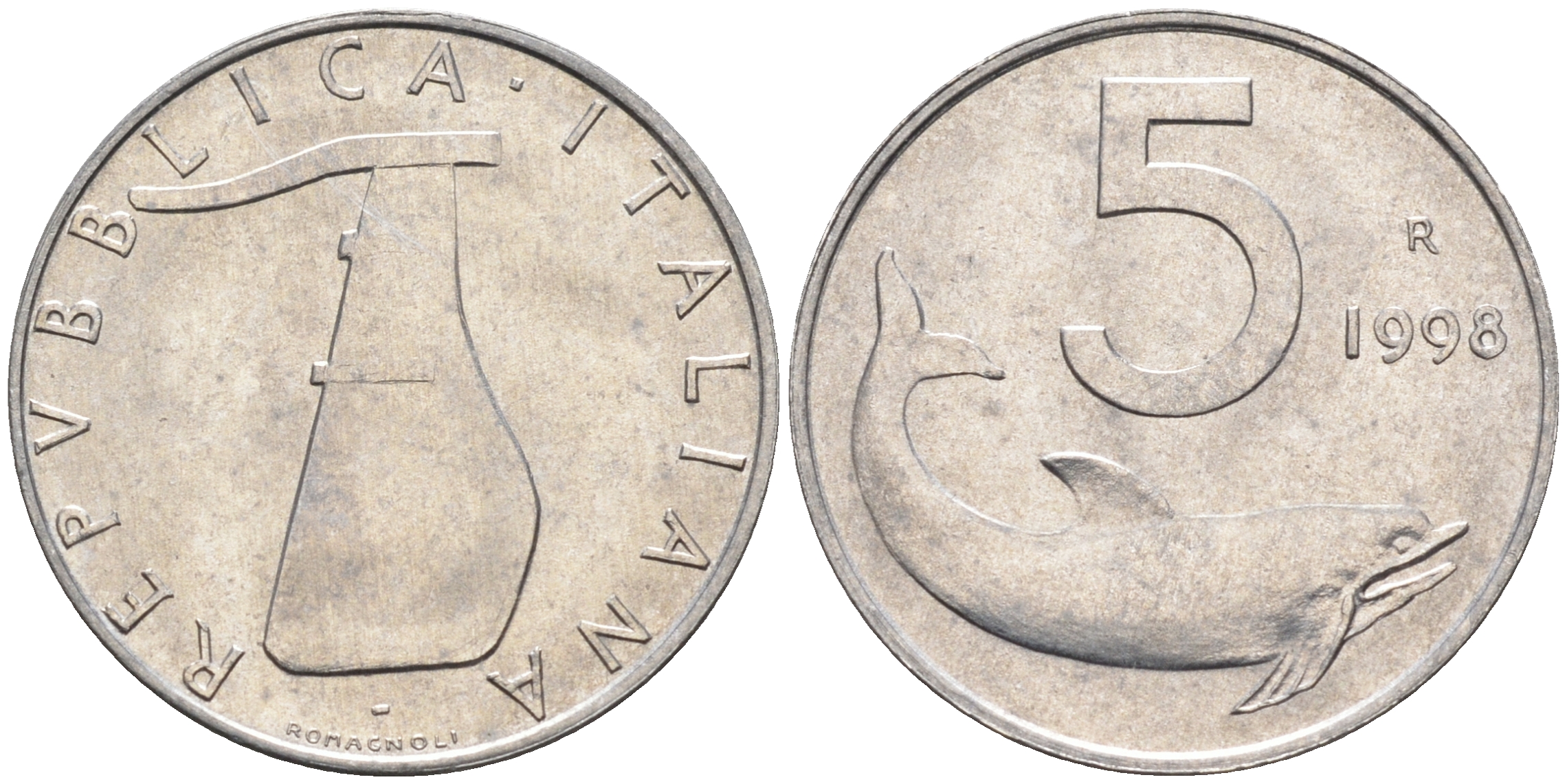 Италия 5 лир 1998 R, дельфин KM 92 алюминий  UNC  4594-747