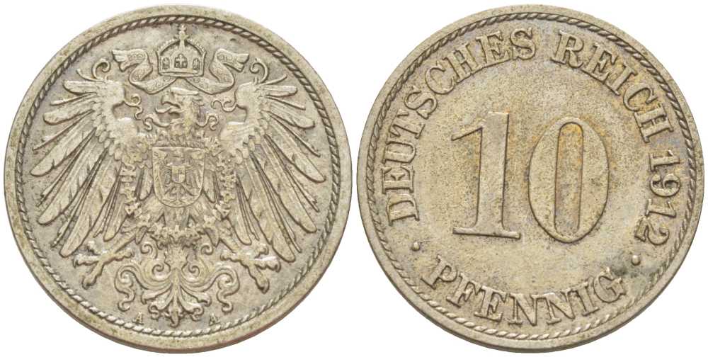 ГЕРМАНИЯ 10 ПФЕННИГОВ 1912 A KM 12, J. 13, Weege 8 медно-никель 212-212