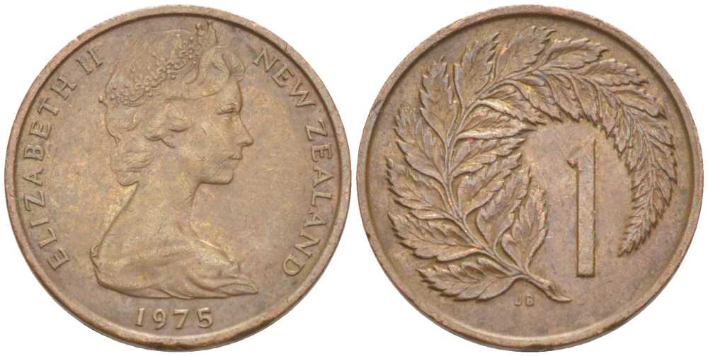Новая Зеландия 1 цент 1975 Елизавета II (1952-2022), лист папоротника KM 31.1 бронза 112-1134