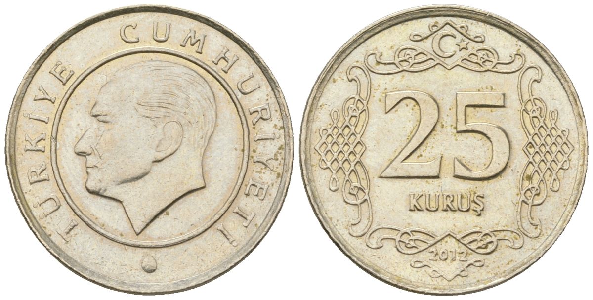 Турция 25 курушей 2012 KM 1242 медно-никель 4610-1112