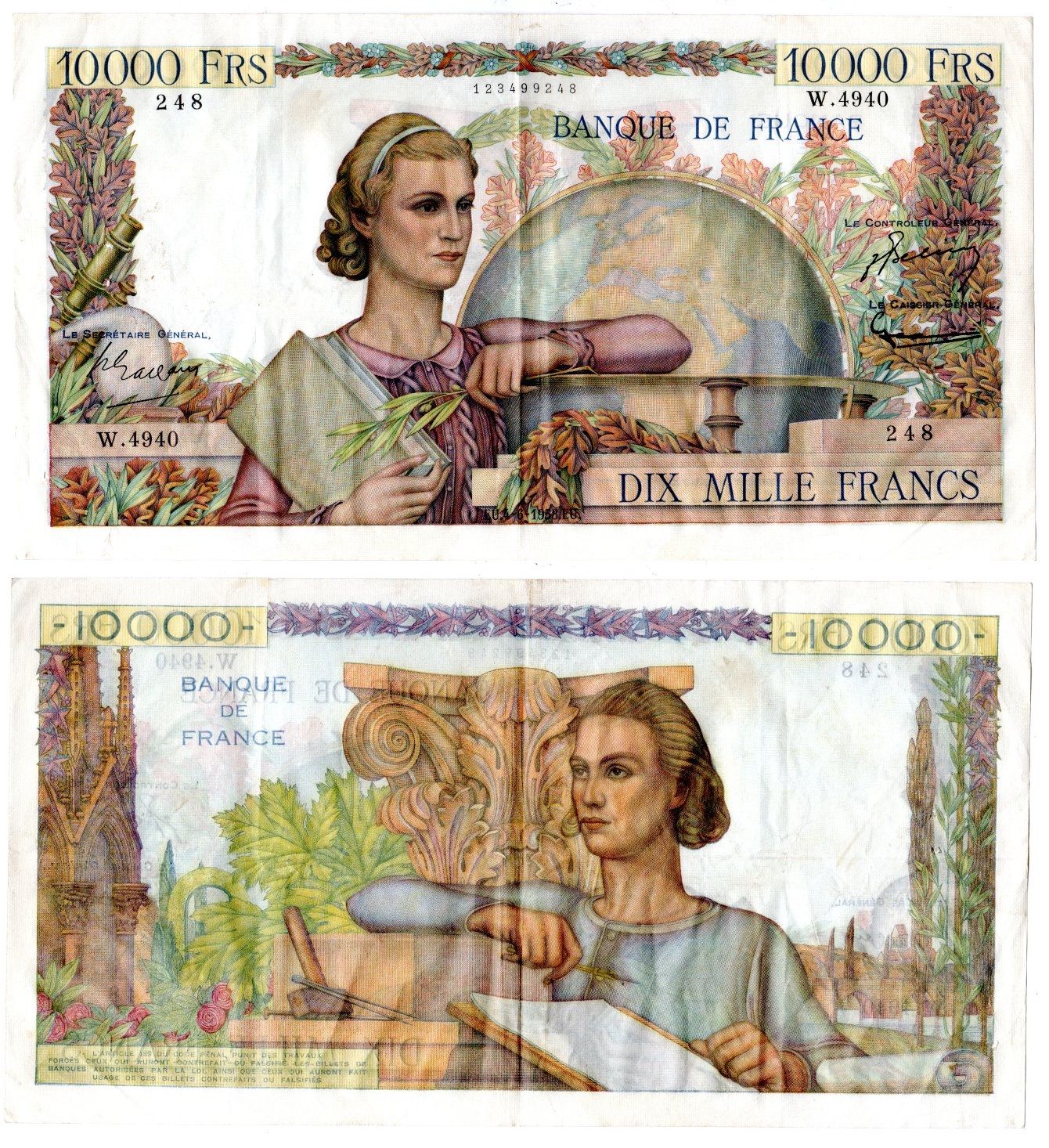 Франция 10000 франков 1953 Женщина с книгой, глобусом. Женщина с блокнотом, инструментами Pick 132 d бумага 451-1080-1