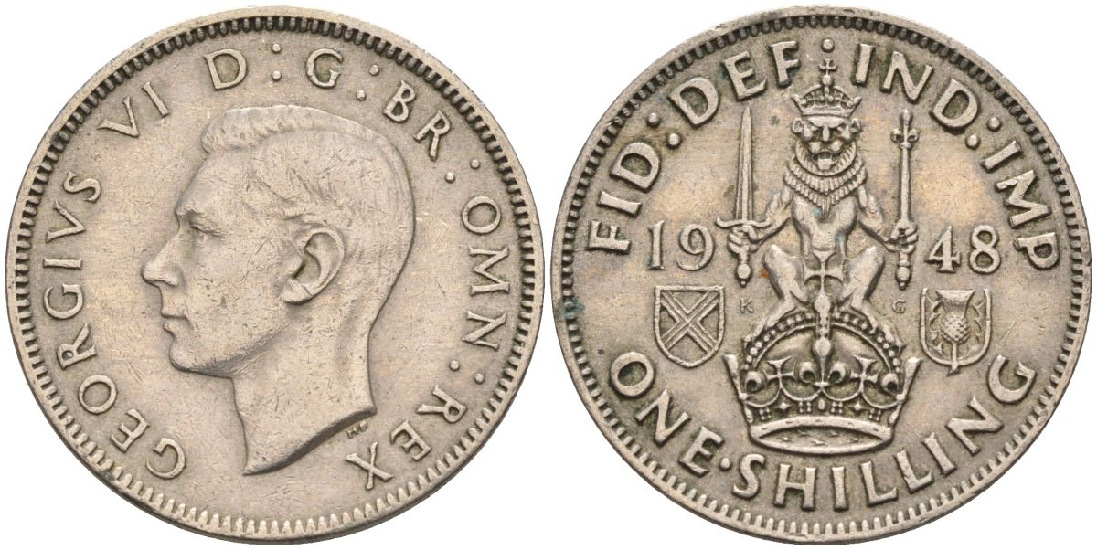 Великобритания 1 шиллинг 1948 Георг VI (1936-1952), Шотландский герб KM 864, Spink 4104 медно-никель 4126-356