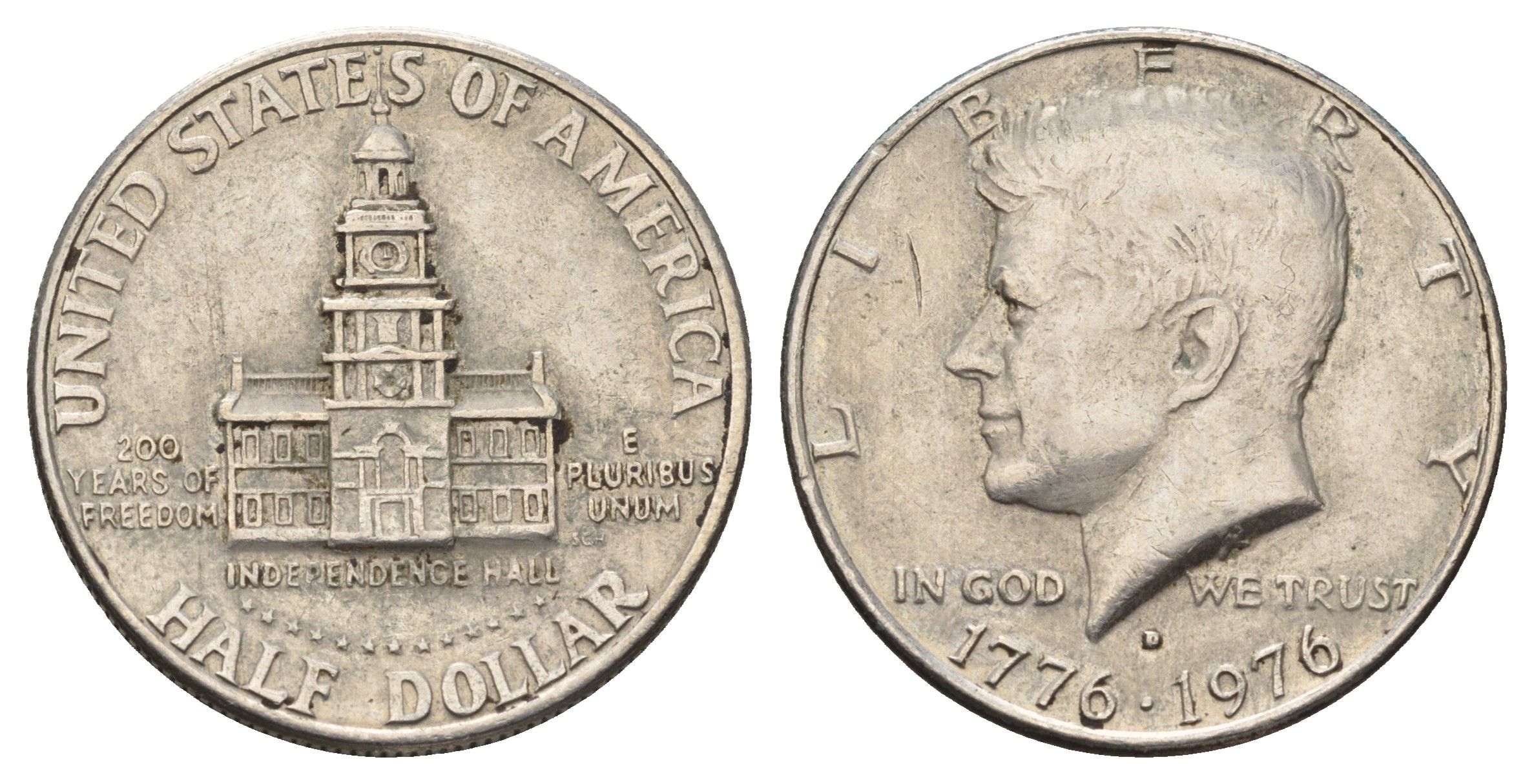 США 1/2 доллара (50 центов) 1976 D, 200 лет независимости США KM 205 медь плакированная медно-никелем 83-2046