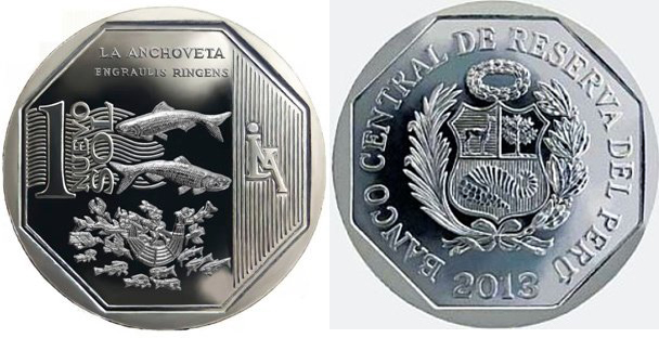 Перу 1 новый соль 2013 серия природные ресурсы Перу, анчоус KM 374 медь никель цинк  UNC  M69-10