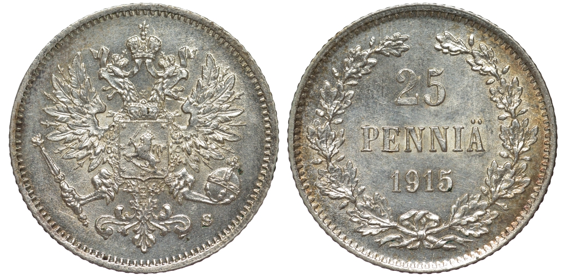Россия для Финляндии 25 пенни 1915 S, Николай II (1894-1917) KM 6.2, Биткин 420 серебро 75-1231