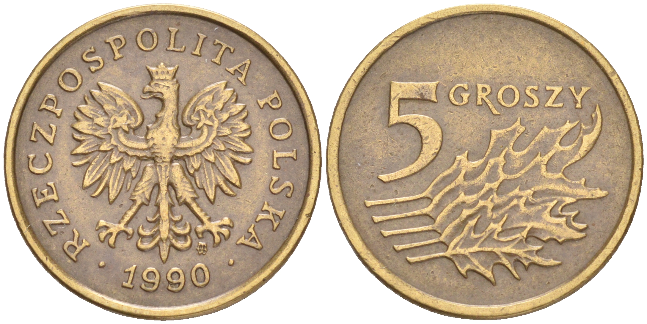 ПОЛЬША 5 ГРОШЕЙ 1990 MW KM 278 латунь 4516-1219