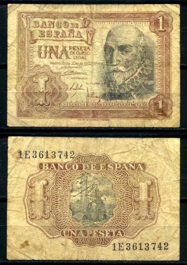 Испания 1 песета 1953 22 июля 1953, Мигель де Санта Круз Pick 144а бумага 7207-41-3-2