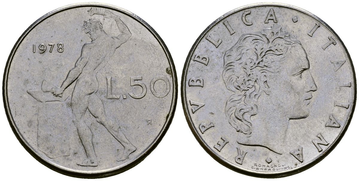 Италия 50 лир 1978 KM 95.1 нержавеющая сталь 4172-254