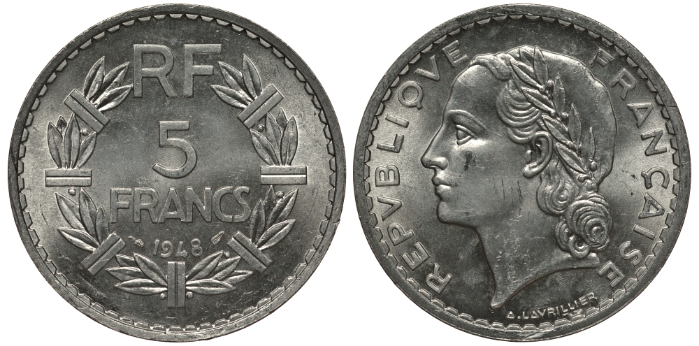 ФРАНЦИЯ 5 ФРАНКОВ 1948 OPEN 9 KM 888b.1 алюминий UNC 413-2915