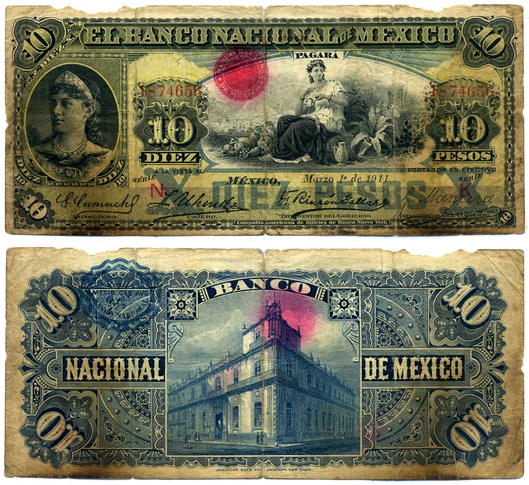 Мексика 10 песо 1911 1 марта 1911, Banco Nacional de Mexico, ABNC Pick S 258e бумага 451-477-1