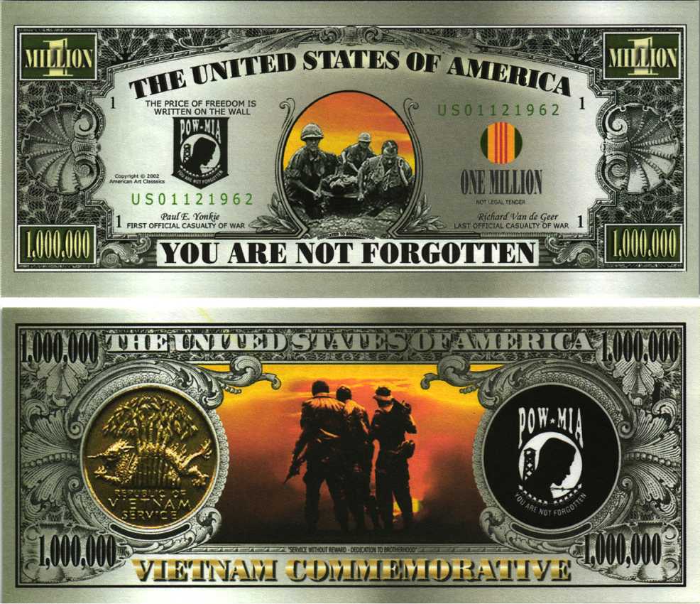 США 1000000 ДОЛЛАРОВ 2002 СУВЕНИРНАЯ БАНКНОТА, В ПАМЯТЬ О ВЕТЕРАНАХ ВОЙНЫ ВО ВЬЕТНАМЕ бумага UNC (ПРЕСС) 7198-36-1-2