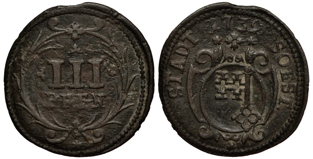 Соест 3 пфеннига 1732 KM 30 медь 413-2811