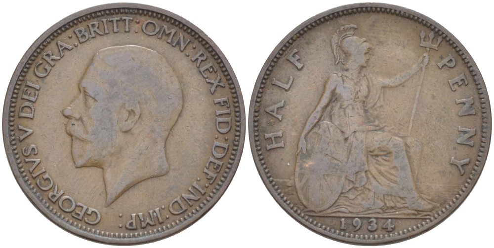 Великобритания 1/2 пенни 1934 Георг V (1910-1936) KM 837, Spink 4058 бронза 4514-1126