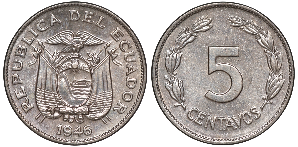 Эквадор 5 сентаво 1946 KM 75b медно-никель UNC 4606-312