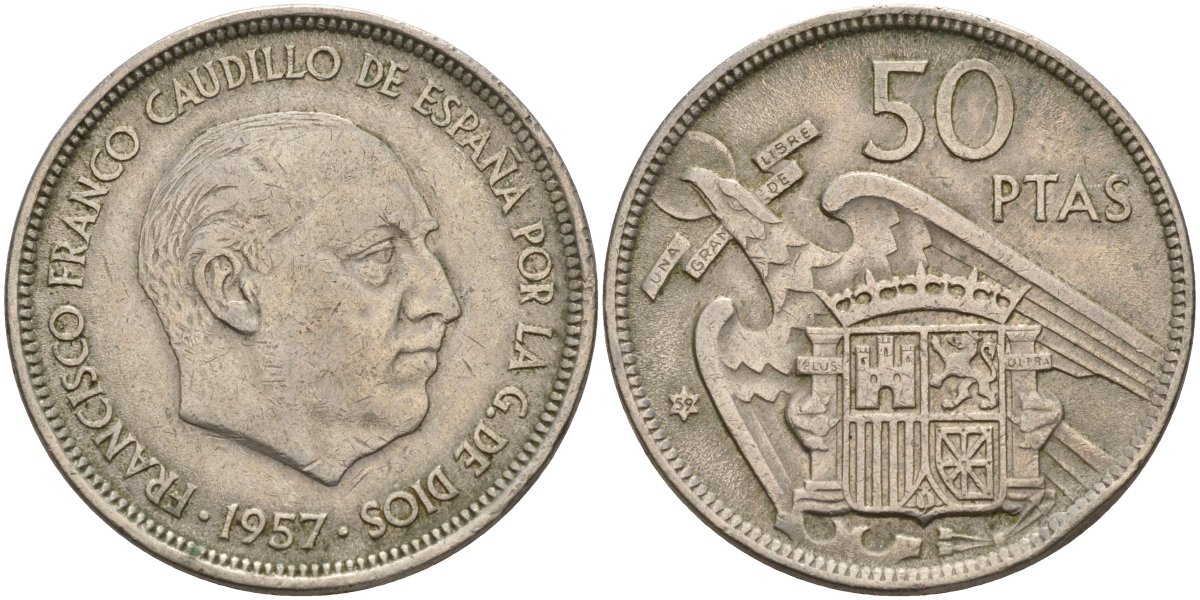 Испания 50 песет 1957 (59) Хуан Карлос I (1975 - 2014) KM 788 медно-никель 4149-1123